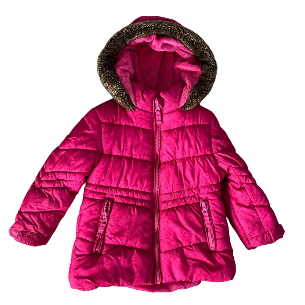OshKosh Bgosh Girls Hot Pink Faux Fur Trim Hooded Puffer Jacket Coat Size‎ 4